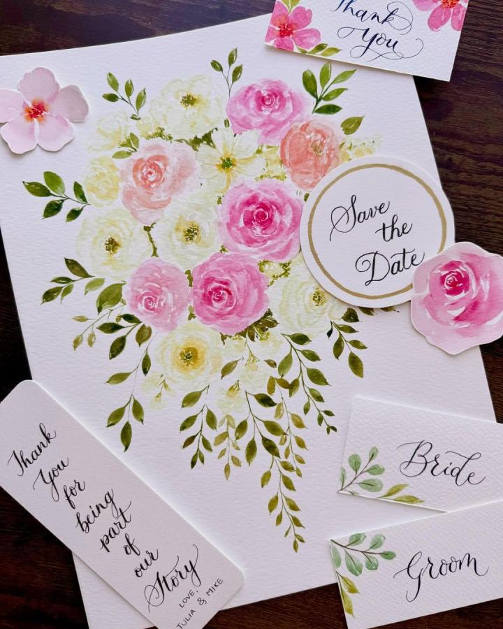 Blush watercolor floral wedding stationery from @the.chic.artist. Hand-painted cards feature roses, greenery, and elegant calligraphy.
