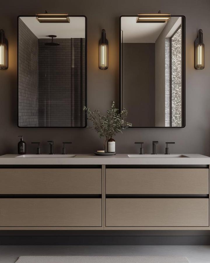 Warm taupe double vanity from @olivehue.design. Double sink bathroom ideas feature black fixtures and twin rounded mirrors.
