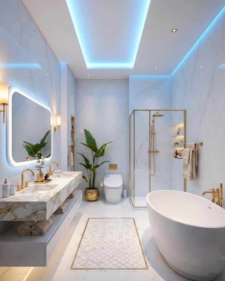 White marble vanity from @surya_architects. Double sink bathroom ideas feature gold fixtures, plants, and blue ceiling lighting.