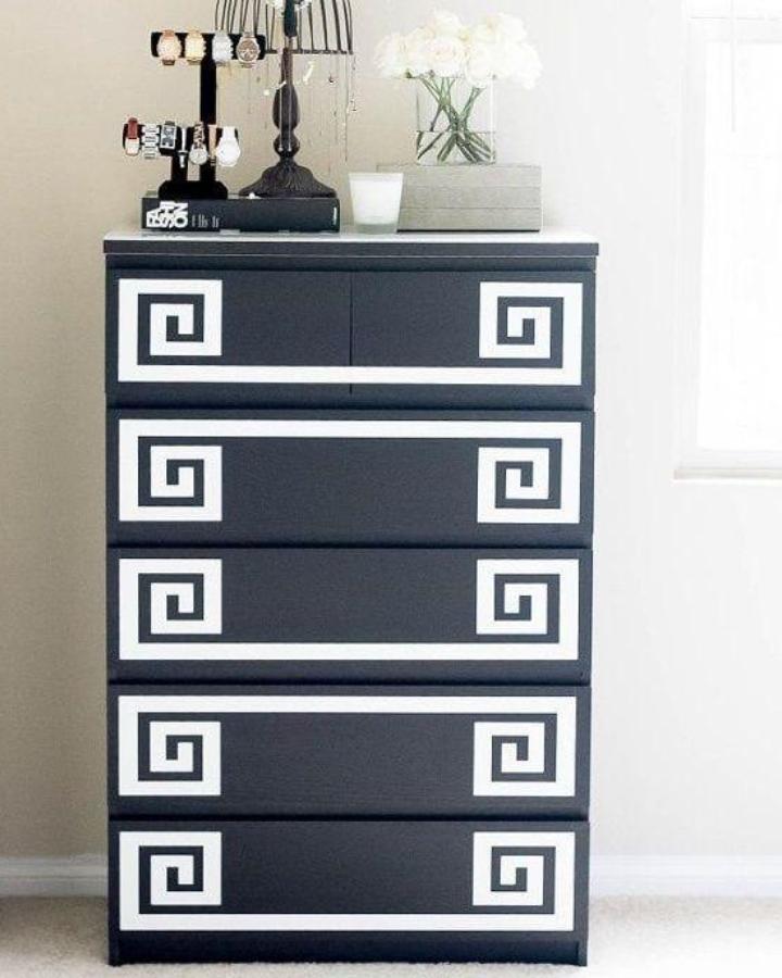 Charcoal Greek key overlay dresser from @myoverlays. White geometric panels refresh a MALM chest.