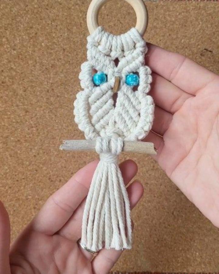 Cream cotton owl macrame animals ideas from @charlotte.m.loyd. Turquoise bead eyes, wooden ring, and fringe tail.