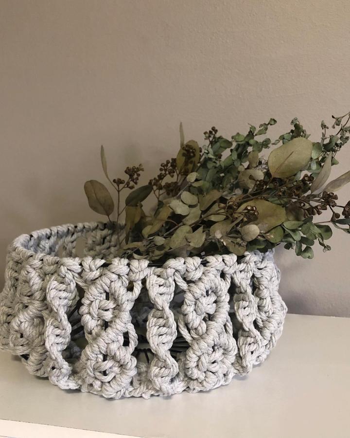 Ivory knotted macrame basket from @k_macrame_art. Dried eucalyptus and olive foliage fill its openwork fringe.