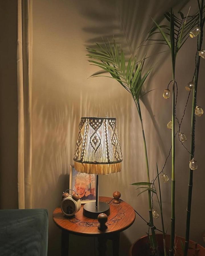 Warm cream macrame decor ideas lamp from @hygge_decoration. Fringed shade glows beside a leafy palm.