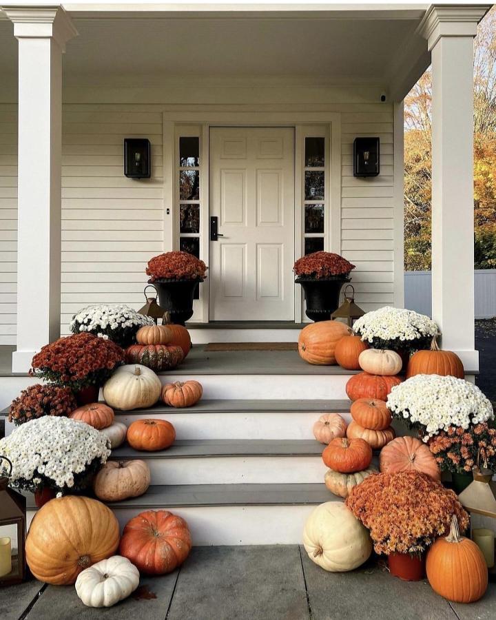 Black urn chrysanthemum porch from @mimisinclair.real.estate. Pumpkins and mums line white steps.