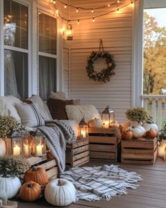 Warm rustic porch from @autumn.coven. Lanterns, pumpkins, crates, blankets, and string lights create cozy autumn styling.