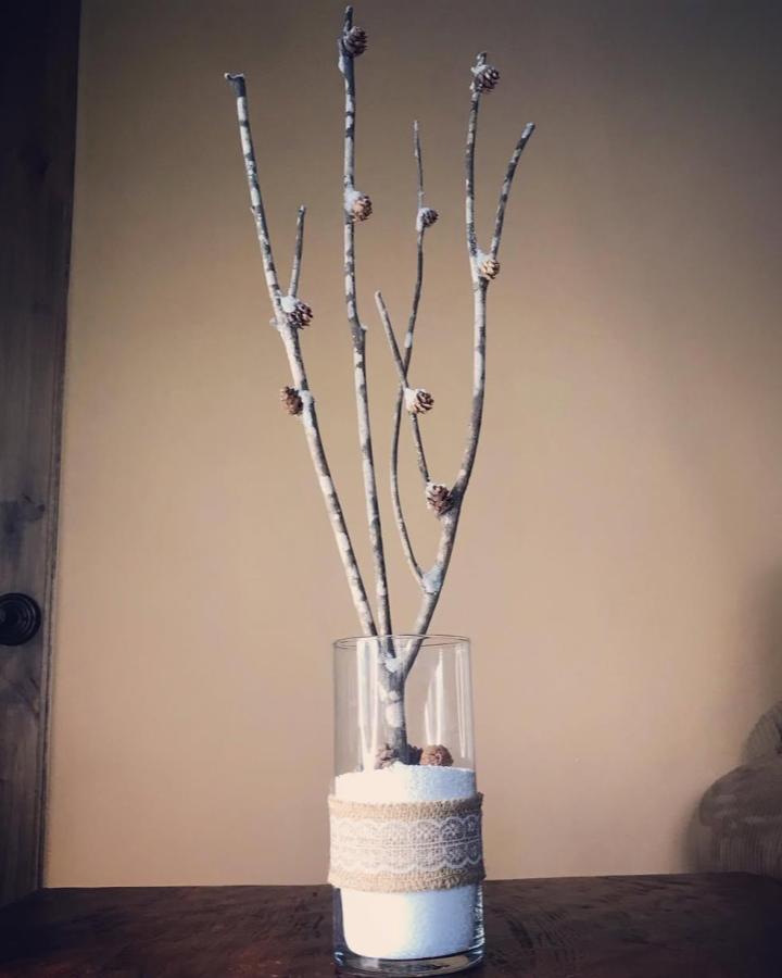White birch tree branch decor crafts vase from @chic_n_cheap_diy. Pinecones and lace wrap add rustic charm.