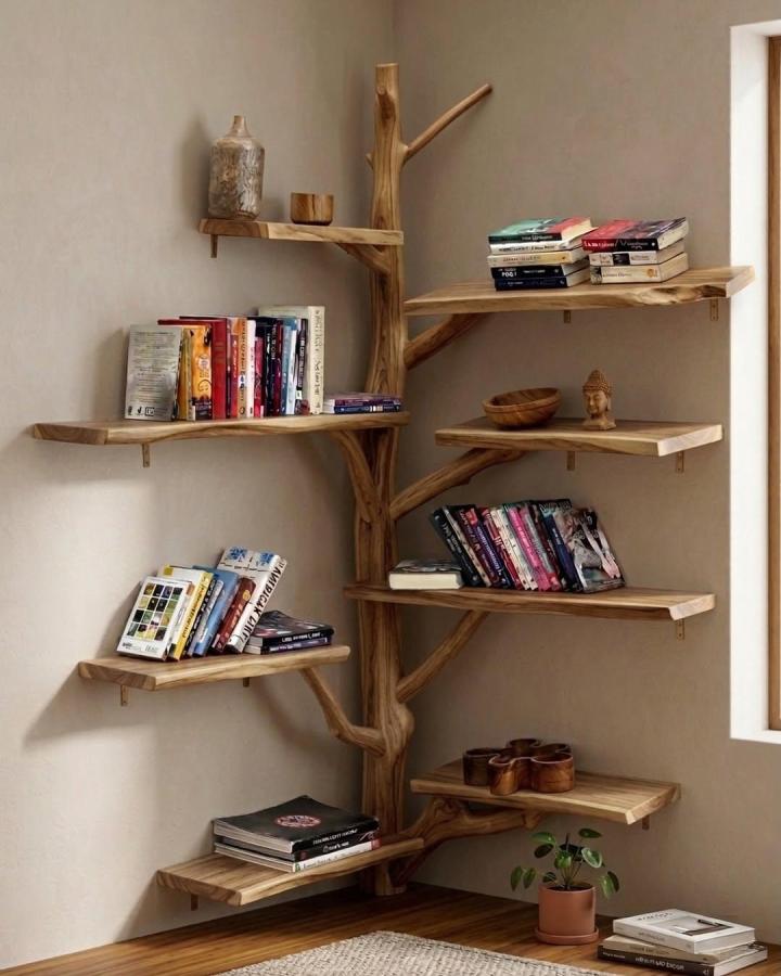 Warm natural wood corner bookshelf from @woodsman_decor. Branch supports frame staggered shelves beside a sunny window.