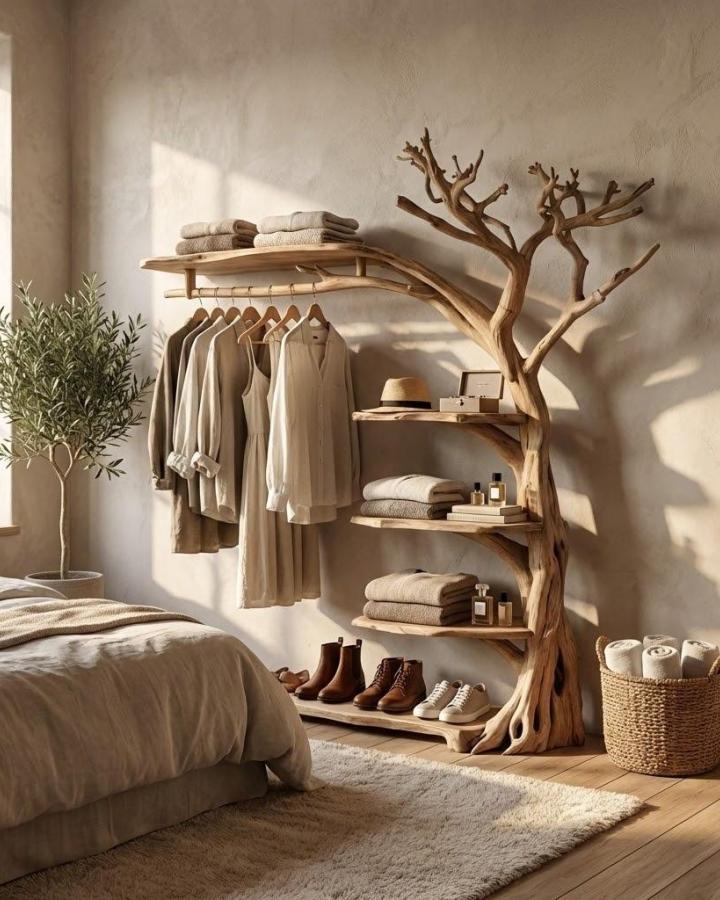 Warm neutral tree branch decor crafts wardrobe shelving from @outofdecor. Rustic branch frame holds clothing and towels.