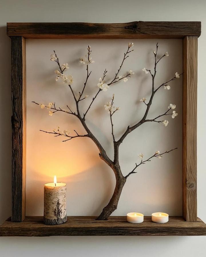 Rustic dark-brown branch wall display from @nextfusioncrafts. Cream blossoms glow beside candles.