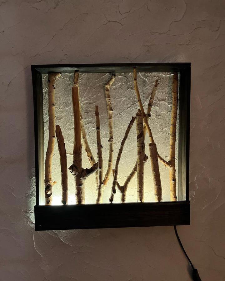 Warmly lit birch tree branch decor crafts wall panel from @piece_of_mind_decor. Rustic branches glow inside a black frame.