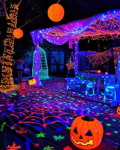 Neon-lit backyard Halloween gathering with glowing pumpkins, spiderwebs, colorful canopy lights, and decorated outdoor seating