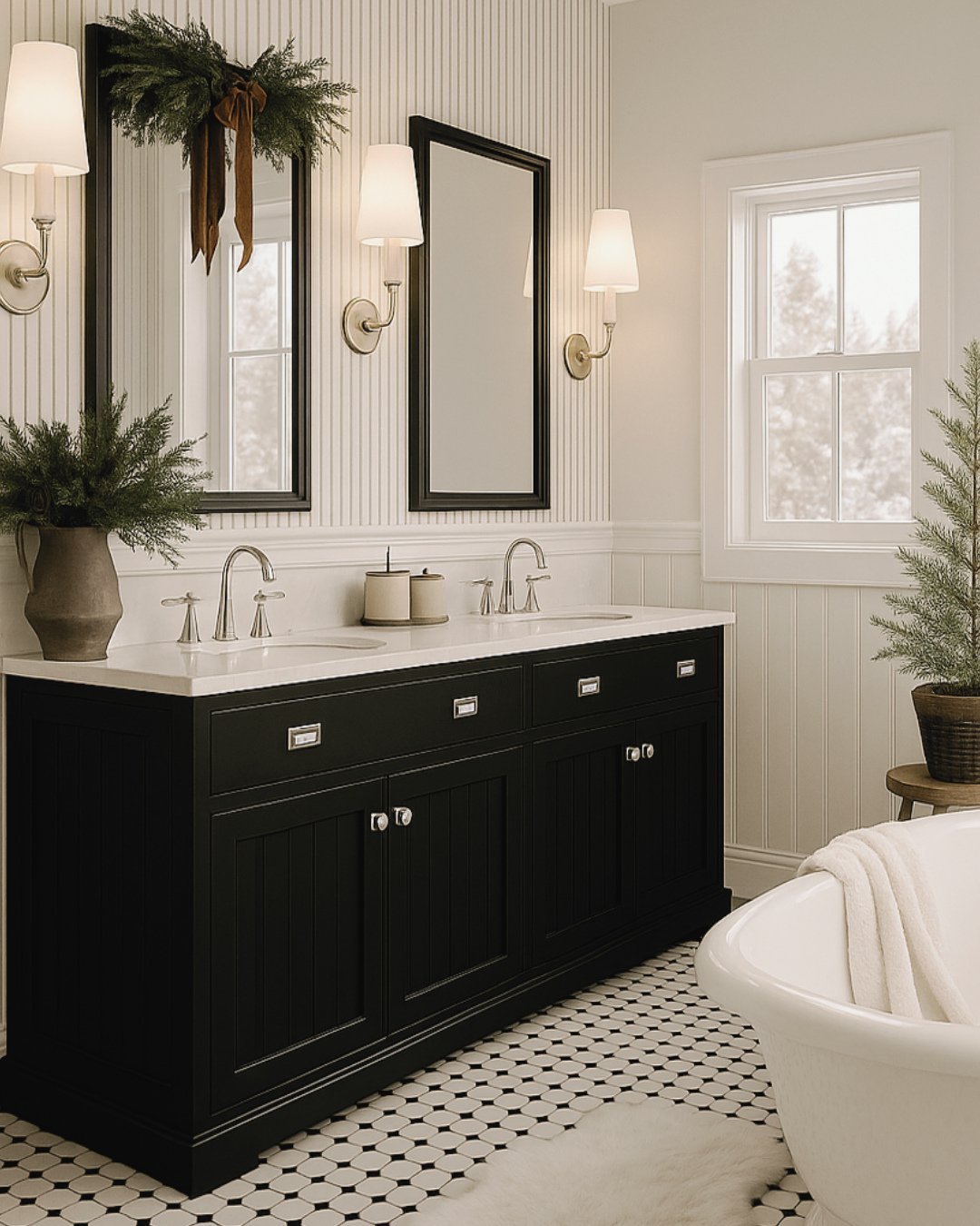 Elegant holiday bathroom with evergreen garland, black vanity, beadboard walls, and festive winter styling