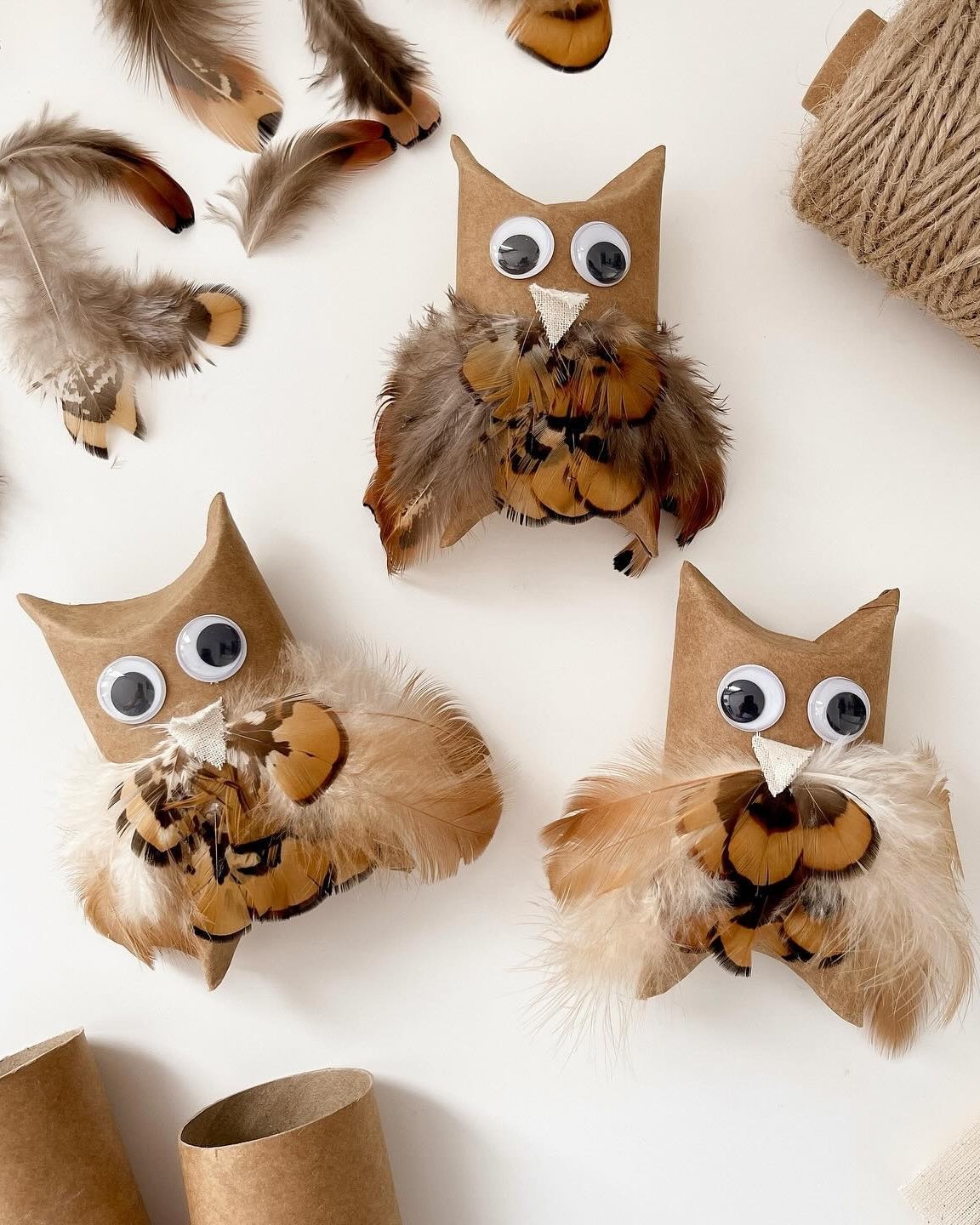 Feathered cardboard owls with googly eyes and autumn-toned plumage for children's seasonal crafts