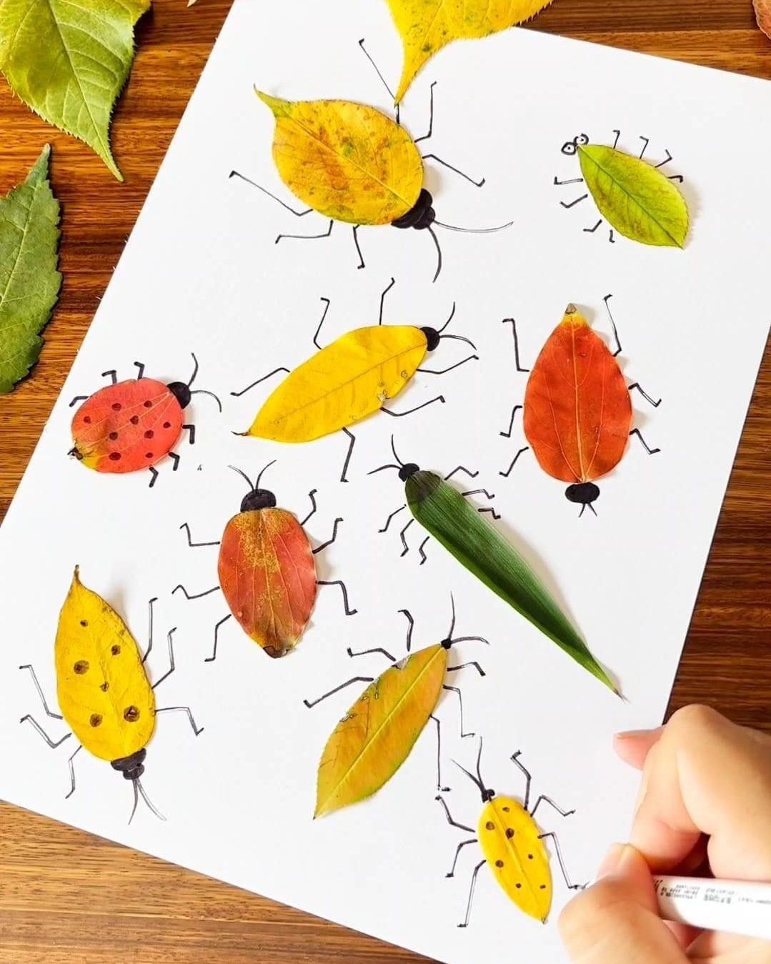 Children's autumn leaf bug craft with colorful leaves, marker-drawn legs, spots, and insect details on white paper