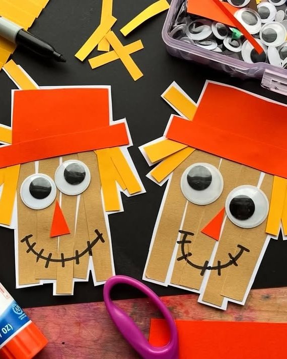 Cheerful paper scarecrow characters with googly eyes, orange hats, and yellow straw details