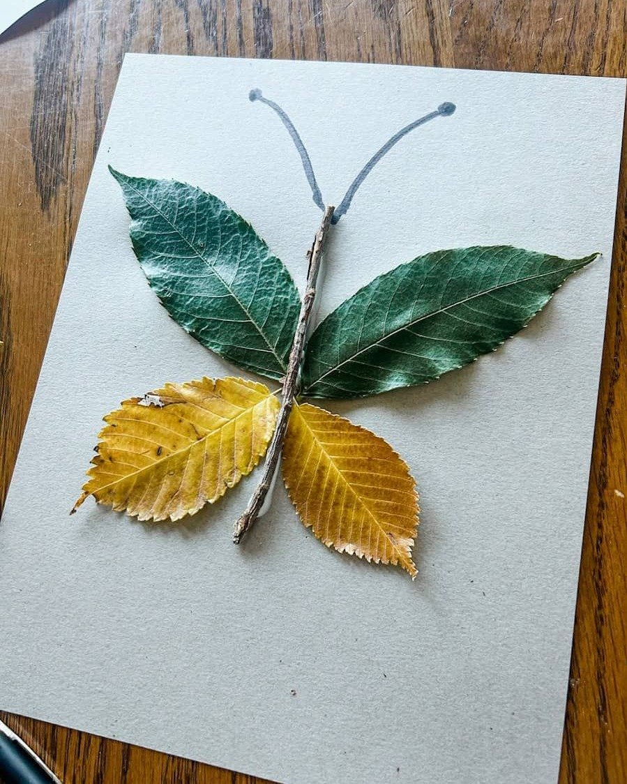 Leaf butterfly made with green and yellow leaves for a seasonal nature project for children