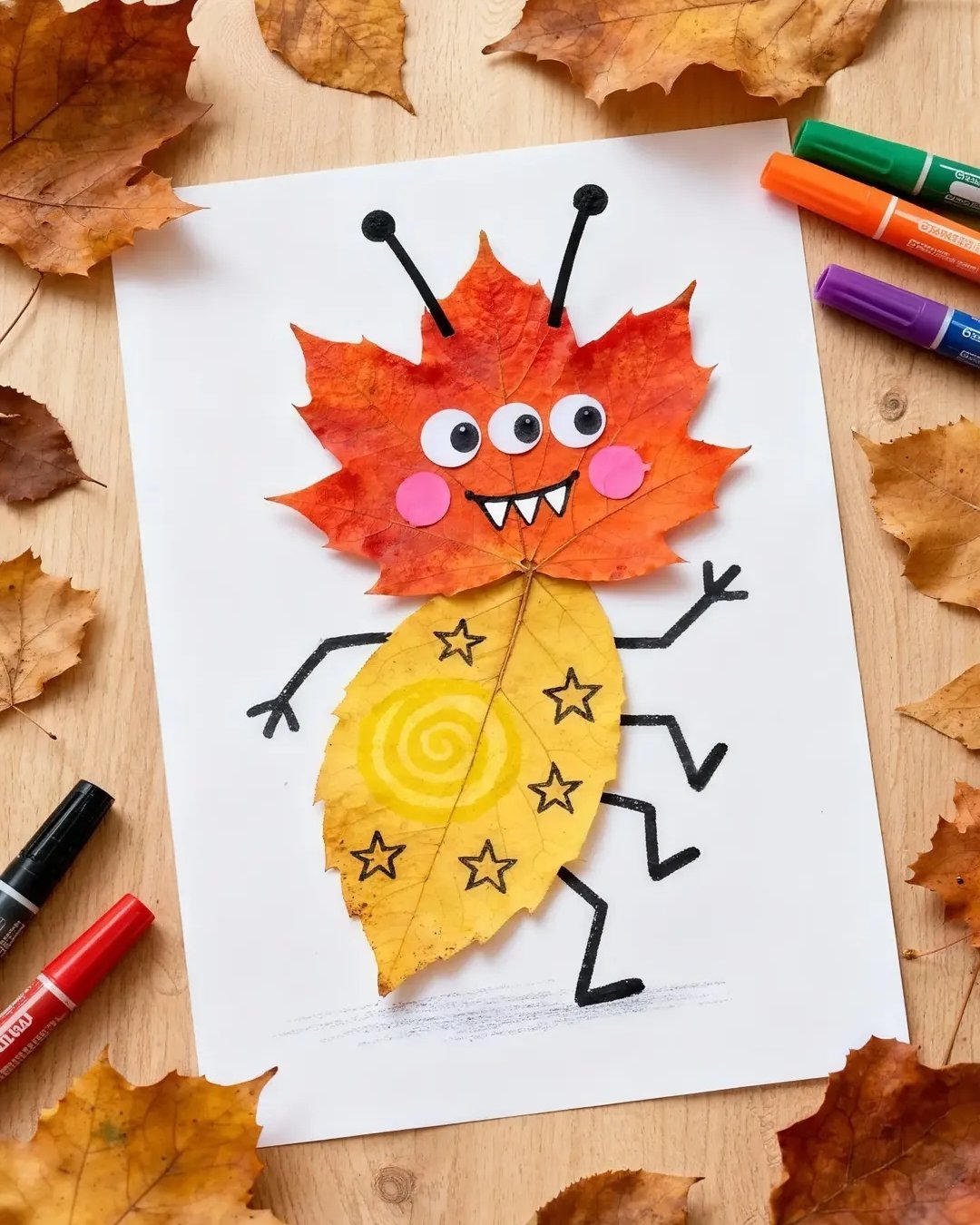 Bright leaf monster craft with googly eyes, paper details, and playful marker limbs