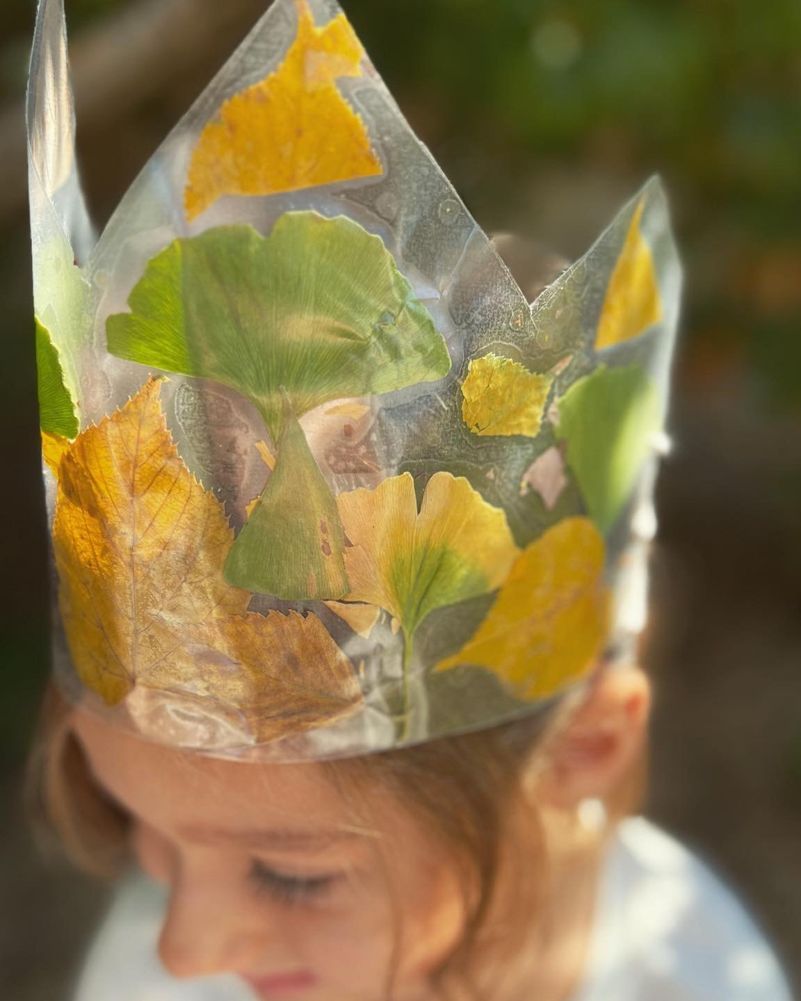 Pressed leaf crown worn by a child, showcasing colorful autumn foliage in a creative nature craft