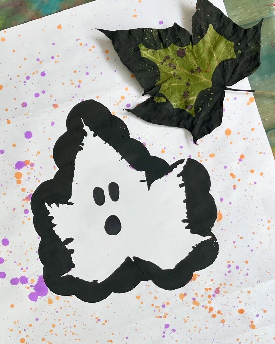 Halloween Crafts for Kids featuring a painted ghost with a leafy witch hat