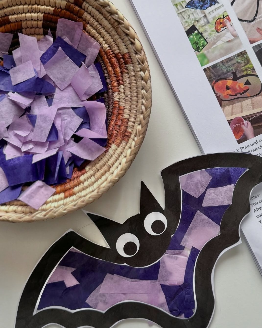 Tissue paper bat and pumpkin collage for spooky kids' Halloween crafting