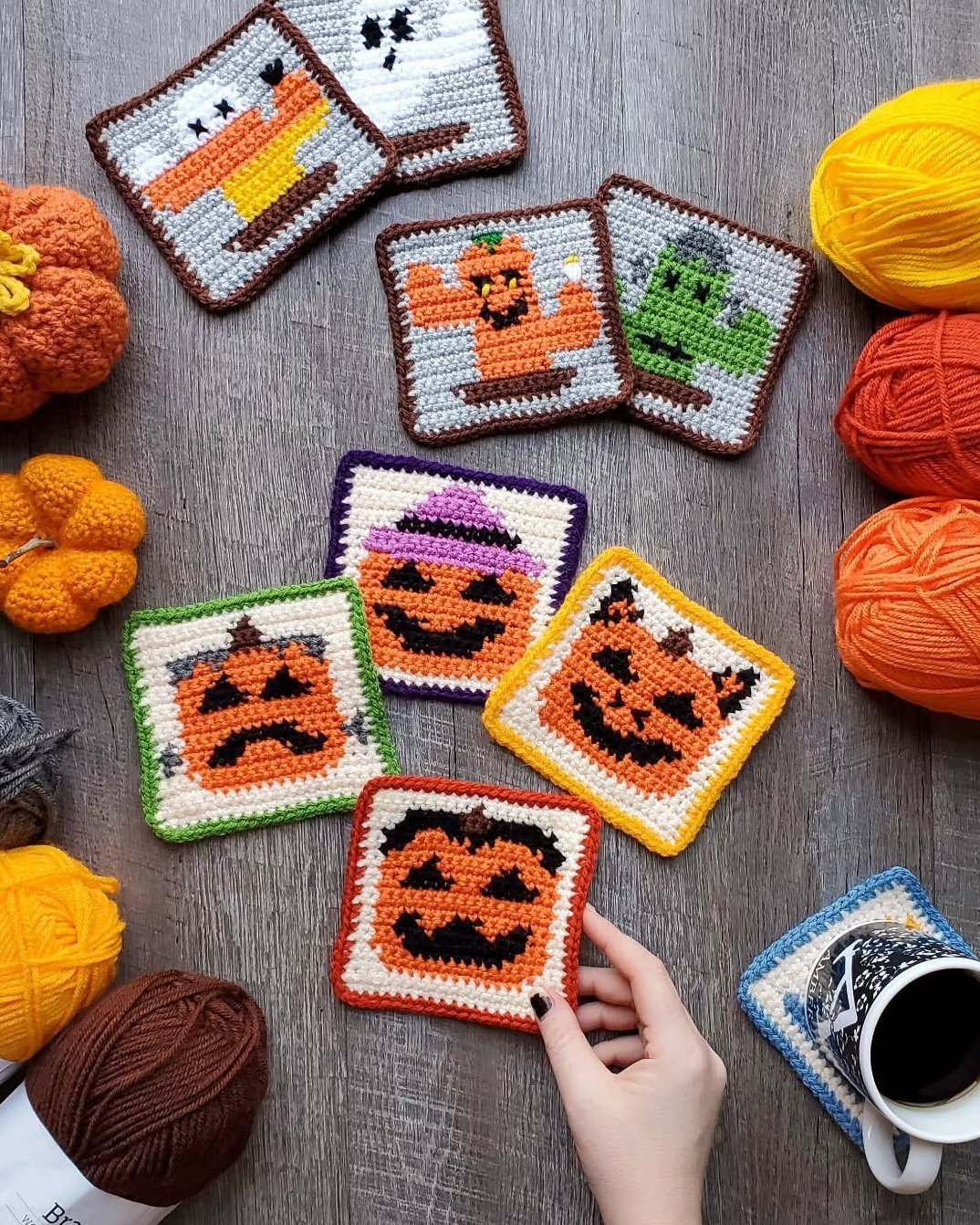 Halloween Crochet Ideas featuring pixel-style pumpkin, witch, ghost, and monster crochet squares
