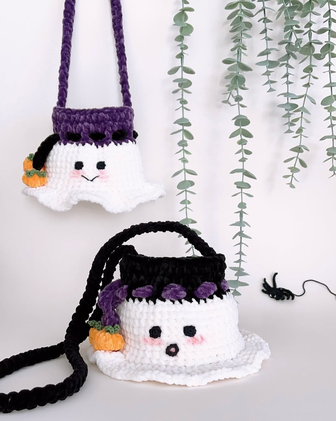 Ghost crochet treat bags with witch hats, pumpkins, and playful Halloween details