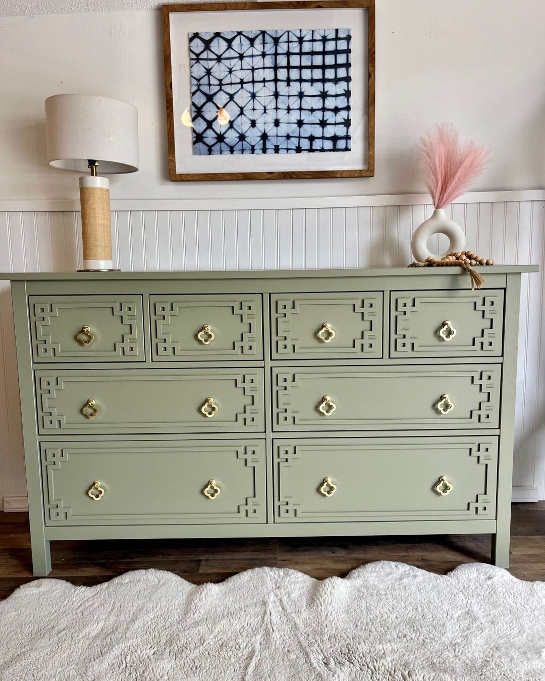 IKEA hemnes hacks dresser with sage paint, geometric overlay panels, and brass drawer pulls