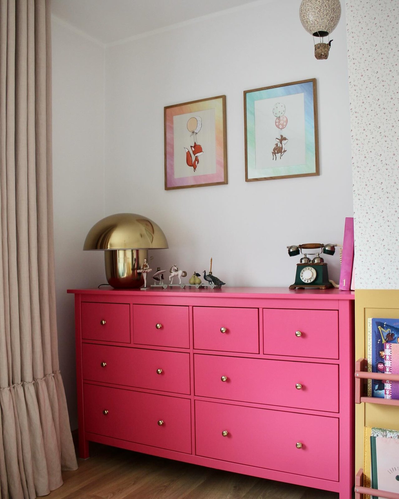 Bright pink HEMNES dresser makeover with vintage decor and playful children's room styling