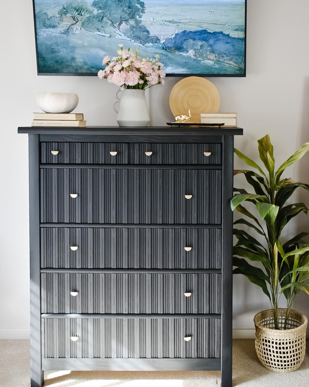 Charcoal IKEA Hemnes dresser with reeded fluted drawer fronts and half-moon pulls