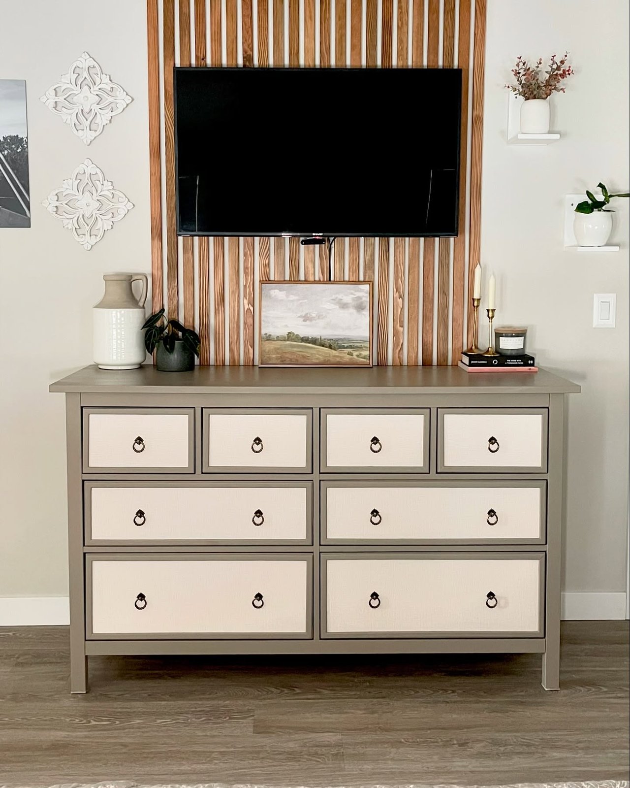 ikea hemnes hacks featuring a two-tone dresser with ring pulls beneath a mounted television