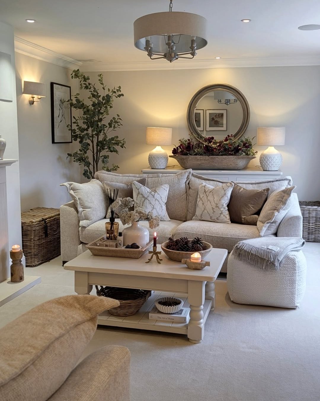 Soft neutral living room with candles, pinecones, woven baskets, and cozy winter textures